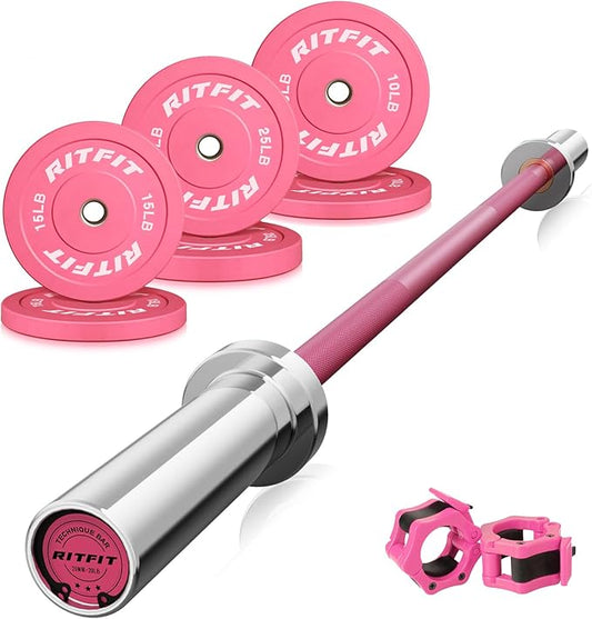 RitFit Barbell Weight Set - 4/6FT Olympic Barbell with Weight Plates (55-115LB Total) - Weightlifting Equipment for Squats, Curls, Deadlifts, Presses, Hip Thrusts