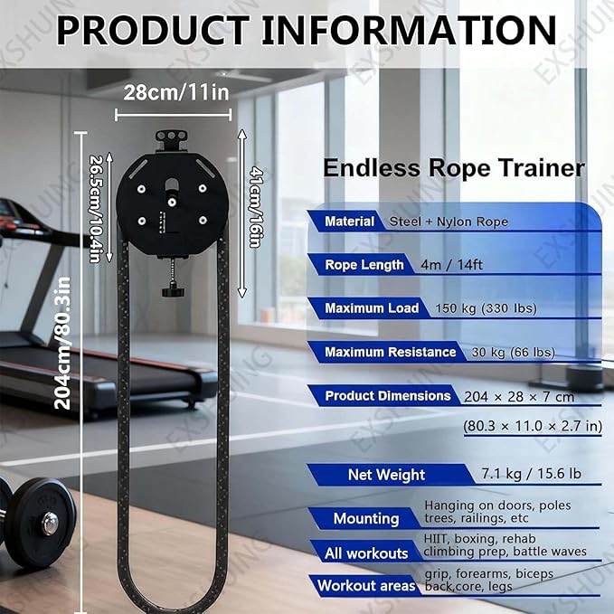 Endless Rope Trainer, Pulley Cable Machine System, Adjustable Resistance 3-30kg (6.6-66lb), Full Body Workout Tool, Pull Rope Fitness Training for Grip, Arms, Body Coordination
