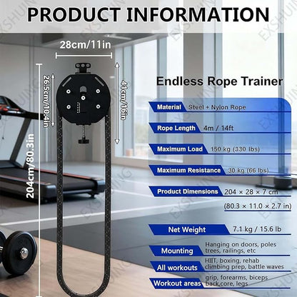 Endless Rope Trainer For Home Gym, Portable Cable Pulley System With 4 M / 14 Ft Closed-Loop Nylon Rope, Adjustable Resistance: 3–30 Kg For Full Body Workout Cardio Hiit Strength