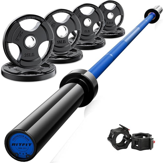 RitFit Barbell Weight Set - 4/6FT Olympic Barbell with Weight Plates (55-115LB Total) - Weightlifting Equipment for Squats, Curls, Deadlifts, Presses, Hip Thrusts