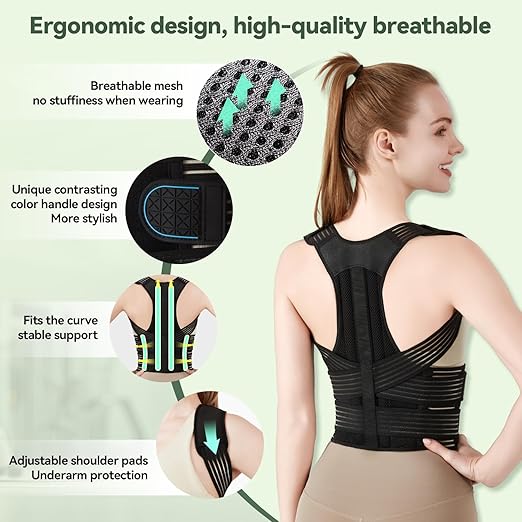 Back Brace Posture Corrector for Women and Men, 4-Point Back Support System for Upper/Lower Back Pain Relief, Scoliosis & Hunchback Correction, Adjustable & Breathable Shoulder Straightener, Large