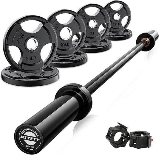 RitFit Barbell Weight Set - 4/6FT Olympic Barbell with Weight Plates (55-115LB Total) - Weightlifting Equipment for Squats, Curls, Deadlifts, Presses, Hip Thrusts