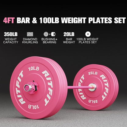 RitFit Barbell Weight Set - 4/6FT Olympic Barbell with Weight Plates (55-115LB Total) - Weightlifting Equipment for Squats, Curls, Deadlifts, Presses, Hip Thrusts
