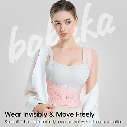 babaka Posture Corrector for Women, Invisible Lightweight Adjustable Back Brace for Upper and Lower Back Pain Relief, Hunchback, Hump, Scoliosis, Thoracic, Spine Corrector Under Clothes (Pink, Medium, Waist: 29''-35'')