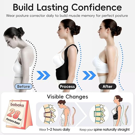 babaka Posture Corrector for Women, Invisible Lightweight Adjustable Back Brace for Upper and Lower Back Pain Relief, Hunchback, Hump, Scoliosis, Thoracic, Spine Corrector Under Clothes (Black, Small, Waist: 25''-30'')