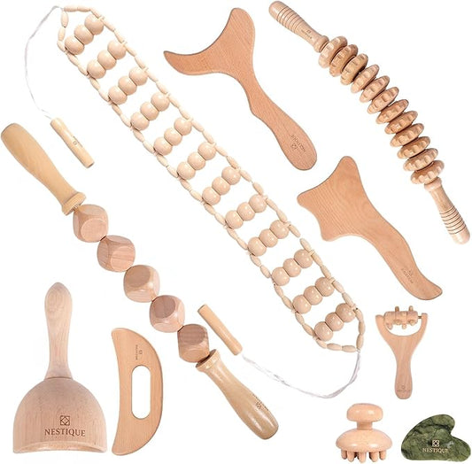NESTIQUE 10 in 1 Wood Therapy Massage Tools for Body Shaping - Lymphatic Drainage Tools with Gua Sha Stone for Muscle Pain Relief – Maderoterapia Kit Professional for Body Sculpting